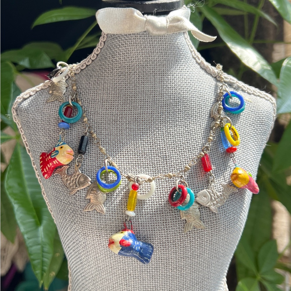Vinatge One Of Kind Hand Made Hand Painted Multiple Fishes Charms Necklace